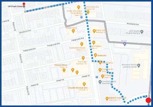 Map: 109 Frank Street to the University of Dayton.